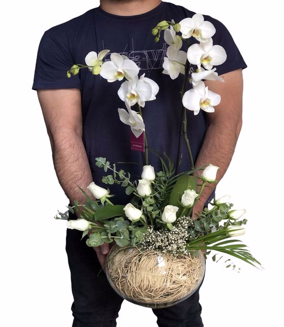 İthal Çift Dal Orkide ve Beyaz Güller